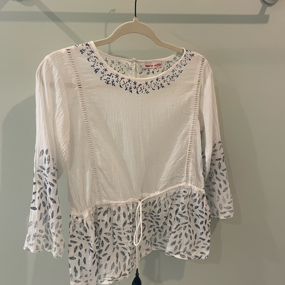 White and Blue Women's Blouse with Embroidery